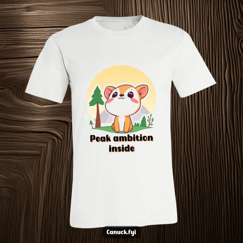 Funny curious animal t-shirt looking up at a stylized mountain, symbolizing exploration and a sense of wonder.