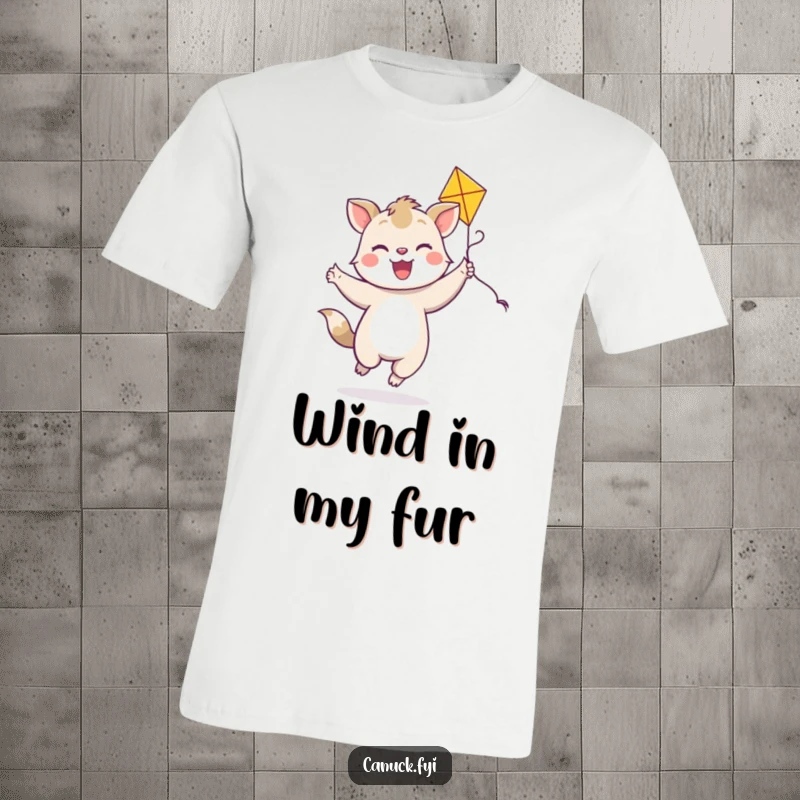 Funny joyful animal t-shirt, bright smile, dancing with a colorful kite, playful graphic tee, humorous animal art.