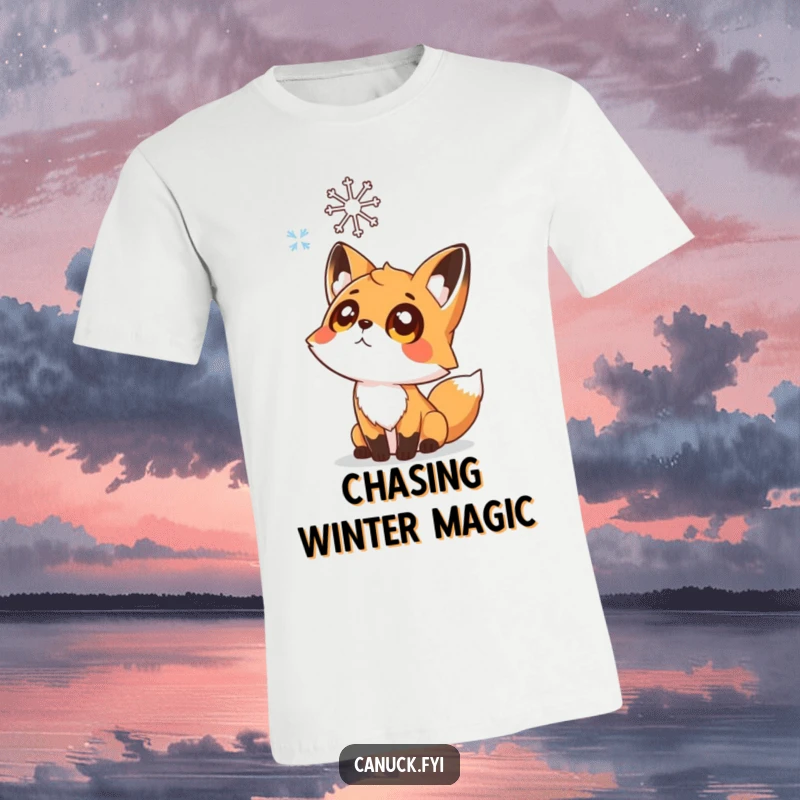 Funny t-shirt featuring a curious fox with large eyes looking up at a delicate falling snowflake, embodying winter's magic.