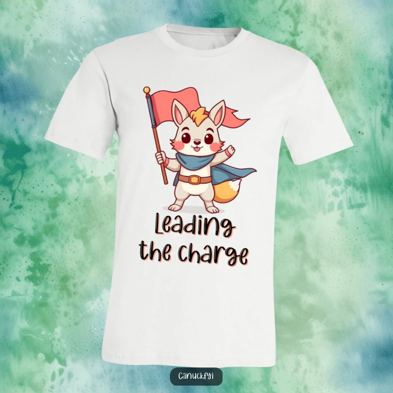 Funny t-shirt with a proud animal character in a heroic pose holding a flag, bold funny gift.