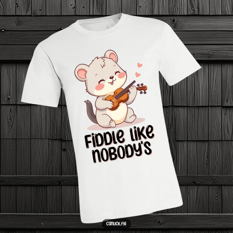 Funny t-shirt featuring a joyful animal playing a tiny fiddle, embodying happiness and musical talent humorously.
