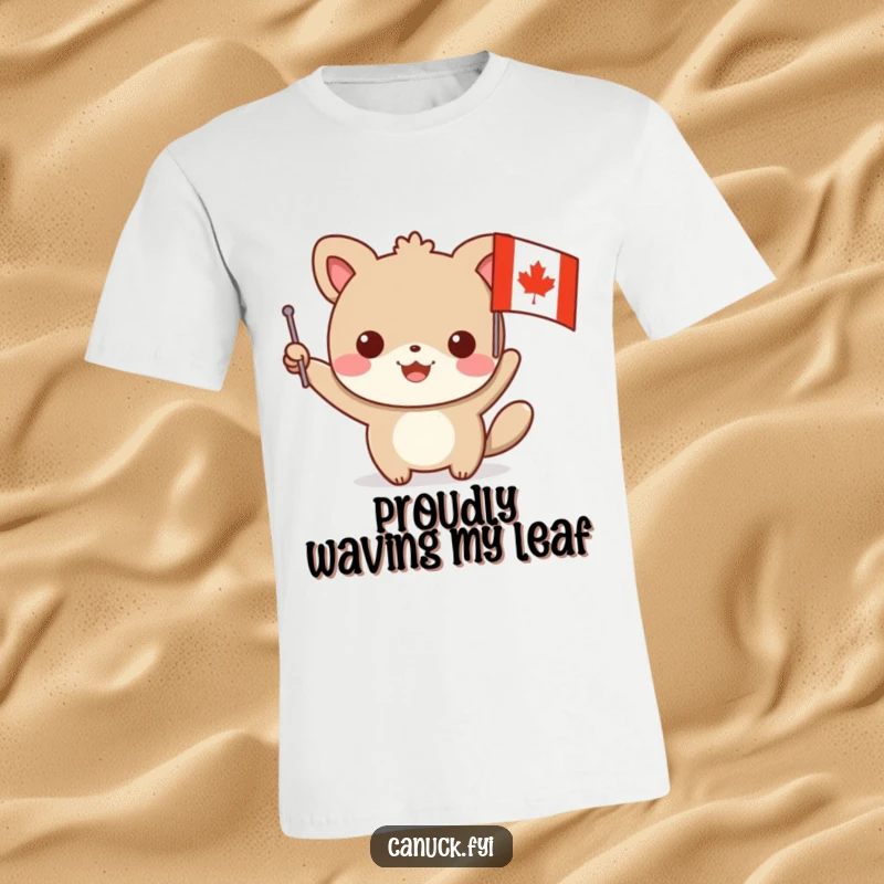Funny animal t-shirt featuring a character waving a small flag with a maple leaf design, embodying comical patriotic pride and Canadian spirit.