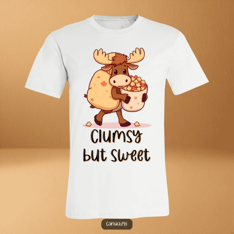 Funny Moose T-Shirt: A lumbering moose humorously carries a large bag of maple candies, radiating a love for treats and a bit of clumsiness.