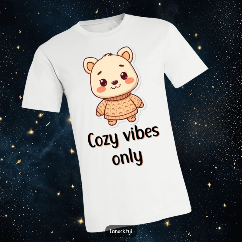 Funny t-shirt of a smiling animal character looking proud in a small, hand-knitted sweater. A picture of cozy confidence.