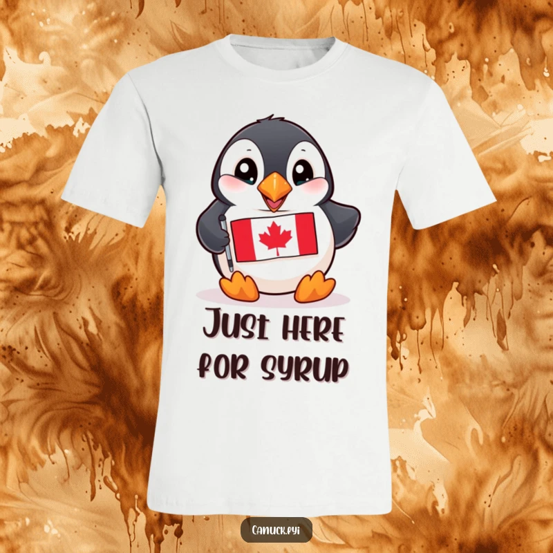 Funny Puffin T-Shirt: A playful puffin with bright eyes proudly holds a miniature Canadian flag, a comical sight.