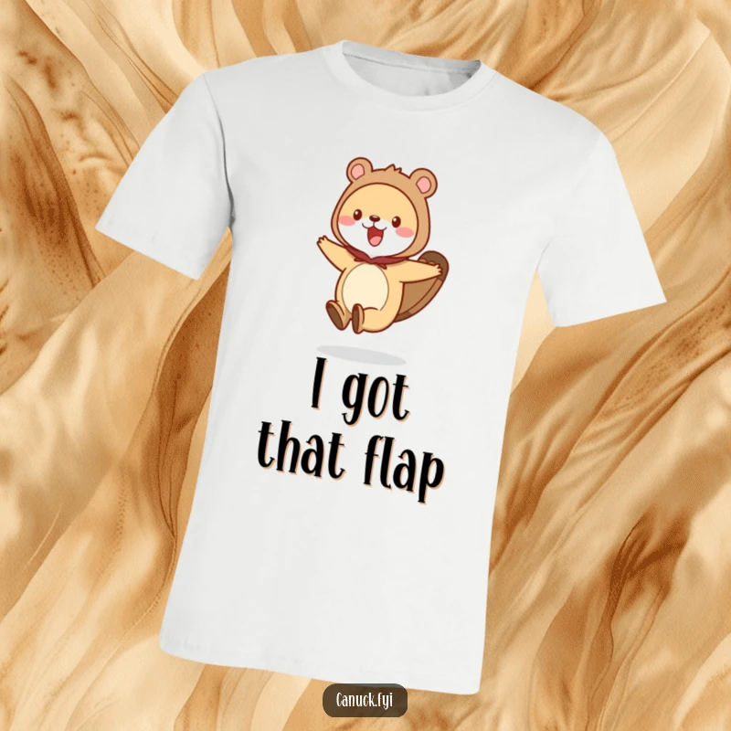 Funny animal t-shirt depicting a creature wearing a beaver tail costume, enthusiastically hopping with pure delight.