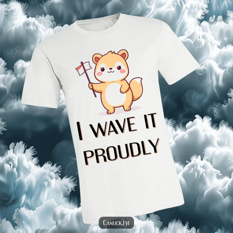Funny animal t-shirt depicting a cheerful creature standing tall, proudly waving a small national flag with a broad smile.