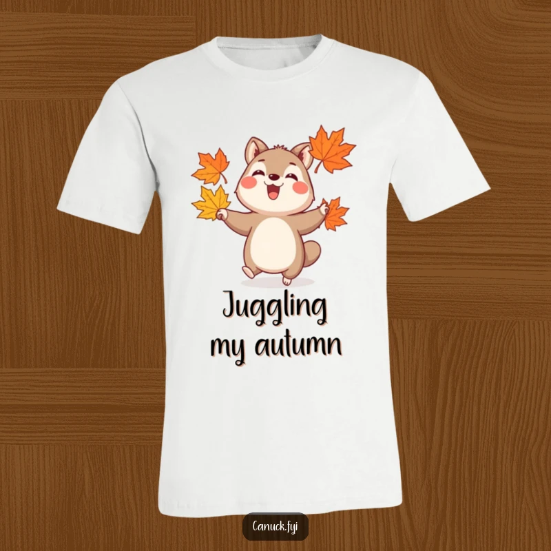 Funny t-shirt depicting a cheerful animal skillfully juggling three stylized autumn maple leaves with a look of pure joy.