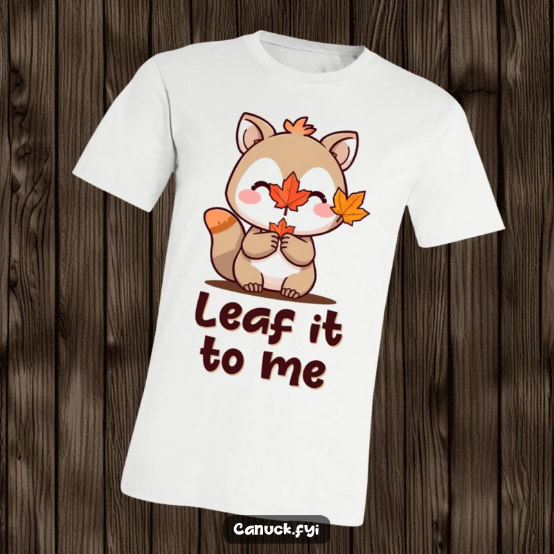 Funny t-shirt featuring an animal character proudly holding a miniature red maple leaf, representing Canadian identity and fun.