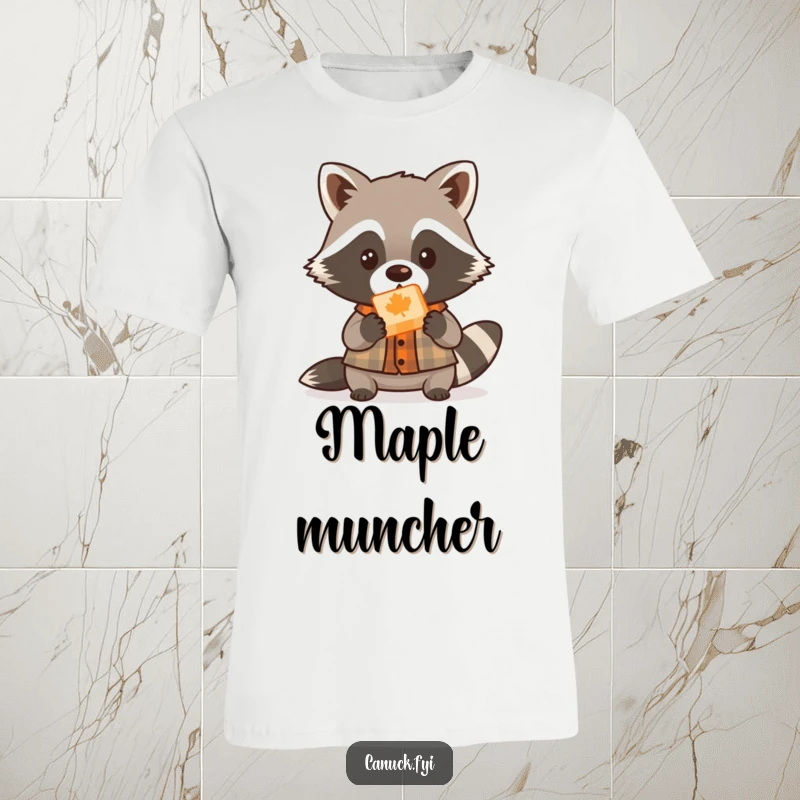 Funny cute raccoon lumberjack t-shirt, small plaid shirt, offering maple candy, humorous woodland animal graphic.