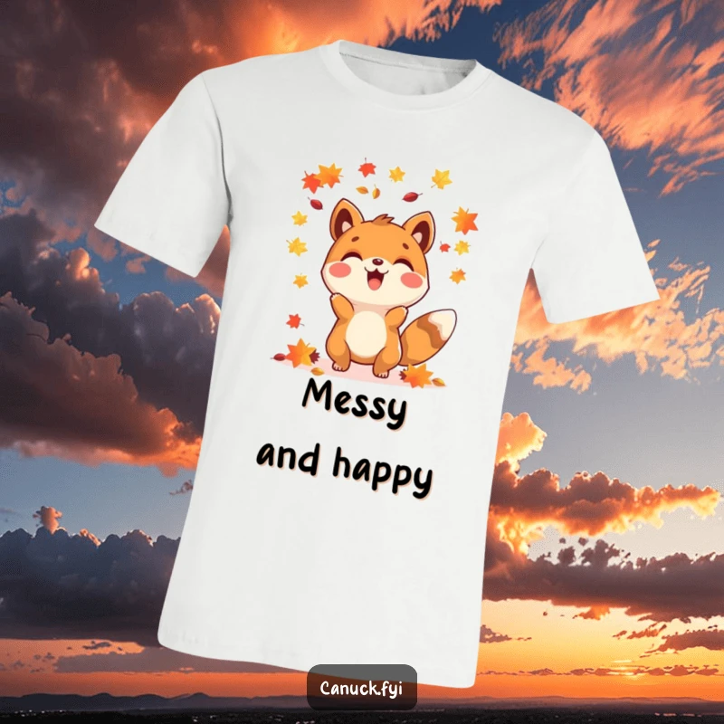 Funny happy animal t-shirt tossing vibrant maple seeds, celebrating the joy of autumn.
