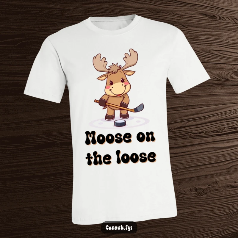 Funny smiling moose t-shirt, holding a hockey stick, tapping a puck, sports humor apparel, perfect for active individuals, a cool gift.