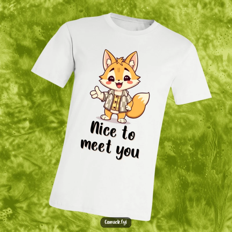 Funny t-shirt graphic of a delighted lynx wearing a checkered shirt, offering a warm and sincere handshake.