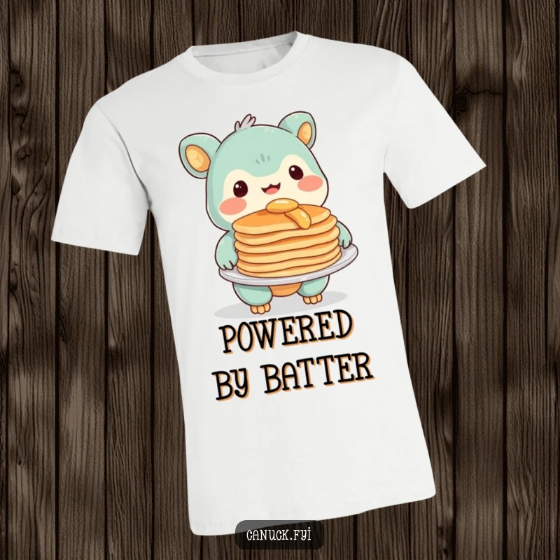 Funny T-Shirt featuring a creature with a warm smile, delightedly presenting a plate of scrumptious pancakes, perfect for breakfast lovers.
