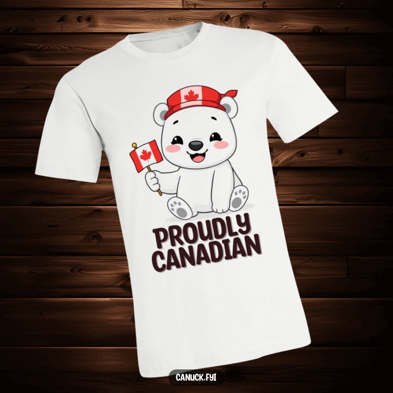 Funny Polar Bear T-Shirt featuring a smiling polar bear proudly holding a miniature Canadian flag, showcasing patriotic joy and arctic charm.