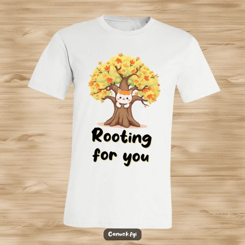 Funny t-shirt showing a happy animal character embracing a large, symbolic maple tree, celebrating nature's beauty.