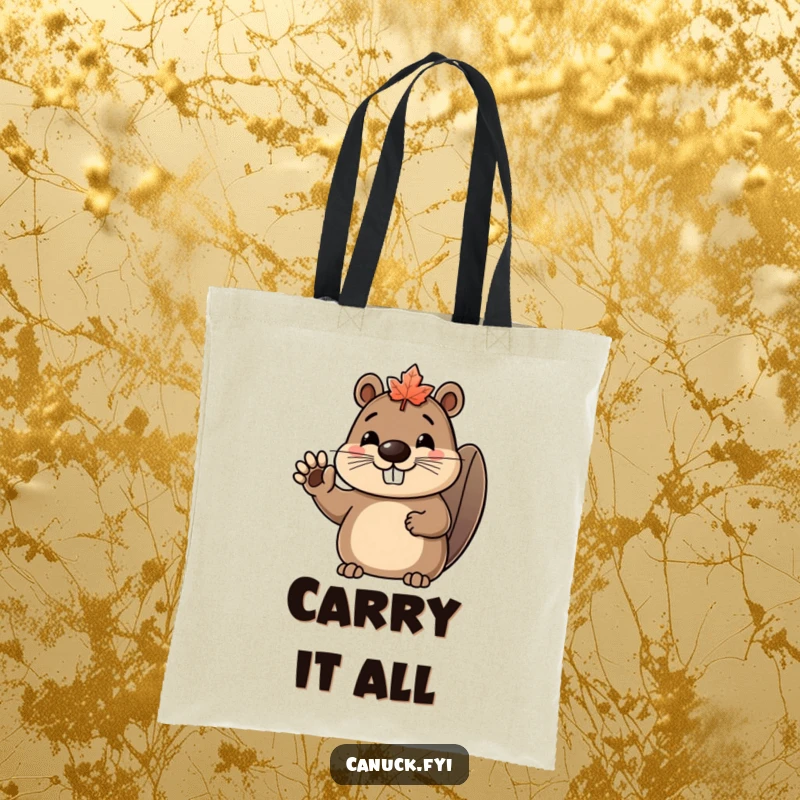 Funny beaver tote bag featuring a happy beaver character in a maple leaf hat, waving enthusiastically.