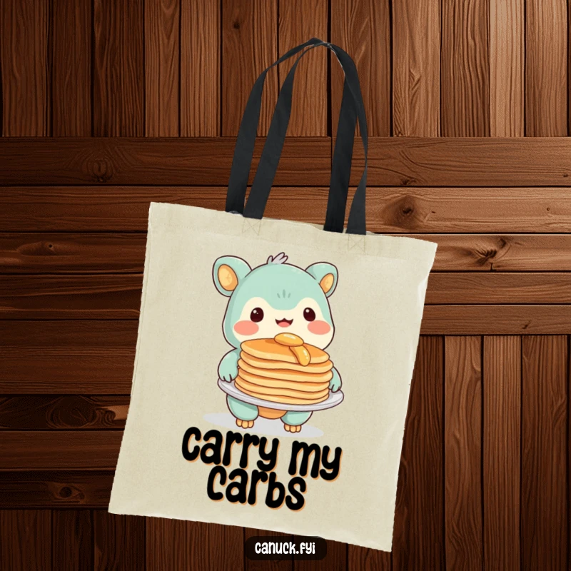 Funny Tote Bag depicting a creature with a warm smile, holding out a plate of tasty pancakes, perfect for carrying daily items.