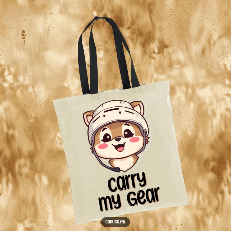 Funny tote bag with an animal character wearing a hockey helmet and smiling broadly, perfect for carrying fan gear.