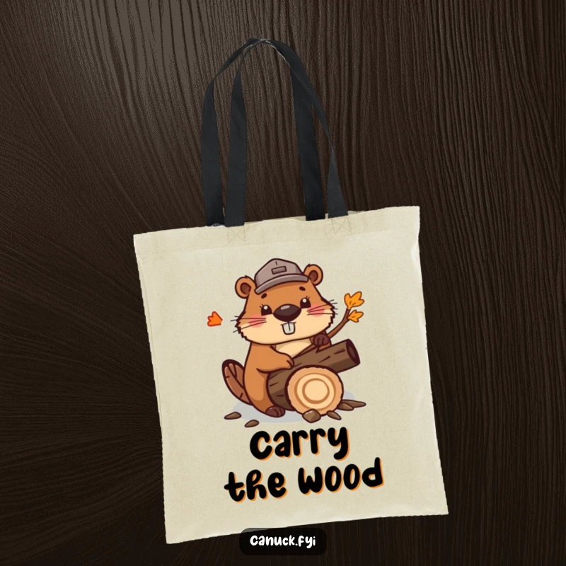 Funny cute beaver tote bag, wearing a lumberjack hat, enthusiastically chopping wood. A humorous and practical accessory.