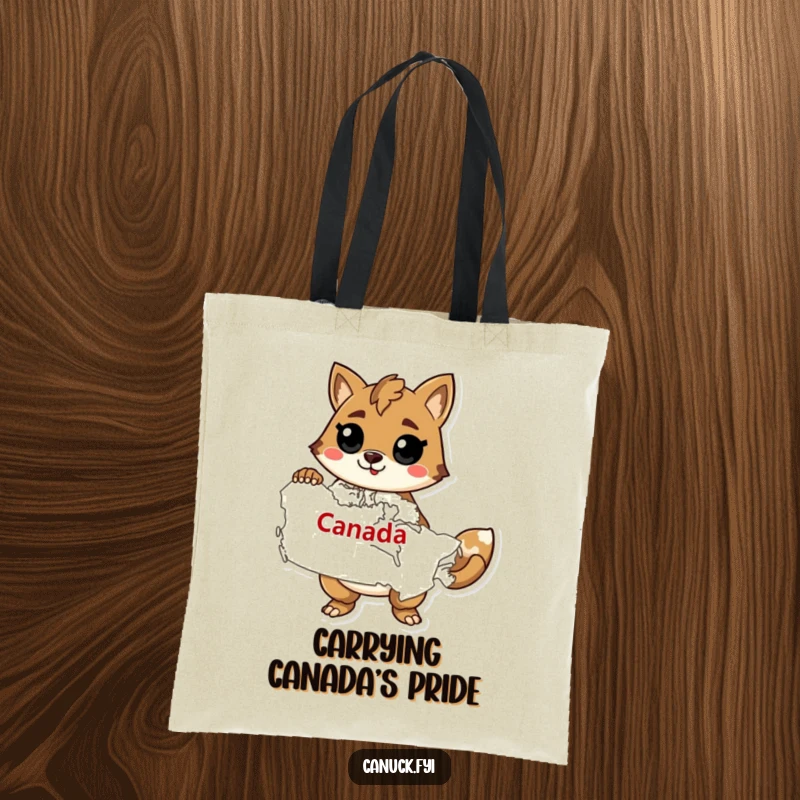 Funny tote bag with a stylized animal confidently posing next to a map of Canada, ideal for Canadian excursions.