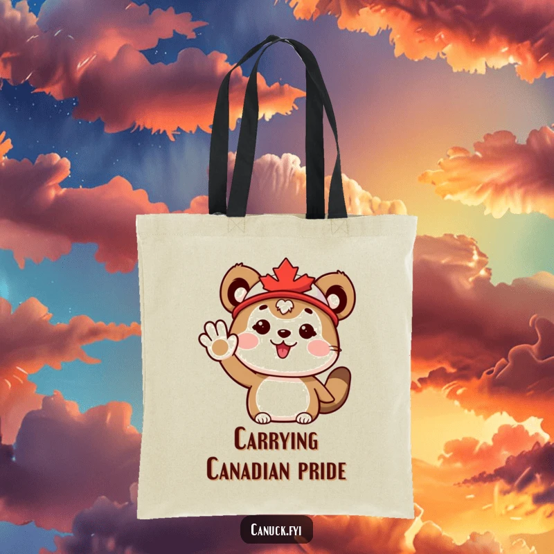 Funny Tote Bag: Cute animal wearing a maple leaf hat, waving enthusiastically, perfect for carrying items with cheer.
