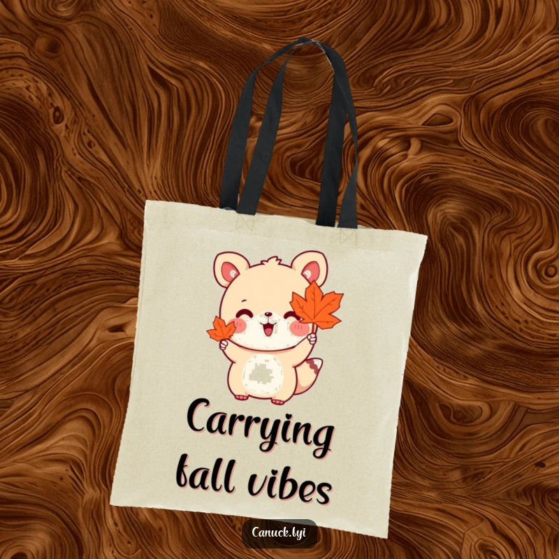 Funny tote bag featuring a cute animal holding a maple leaf and waving enthusiastically, perfect for carrying essentials with cheer.