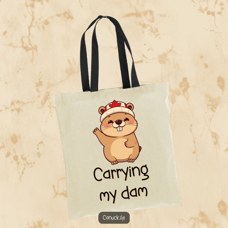 Funny cheerful beaver tote bag, maple leaf beanie, waving enthusiastically, a humorous and practical accessory.