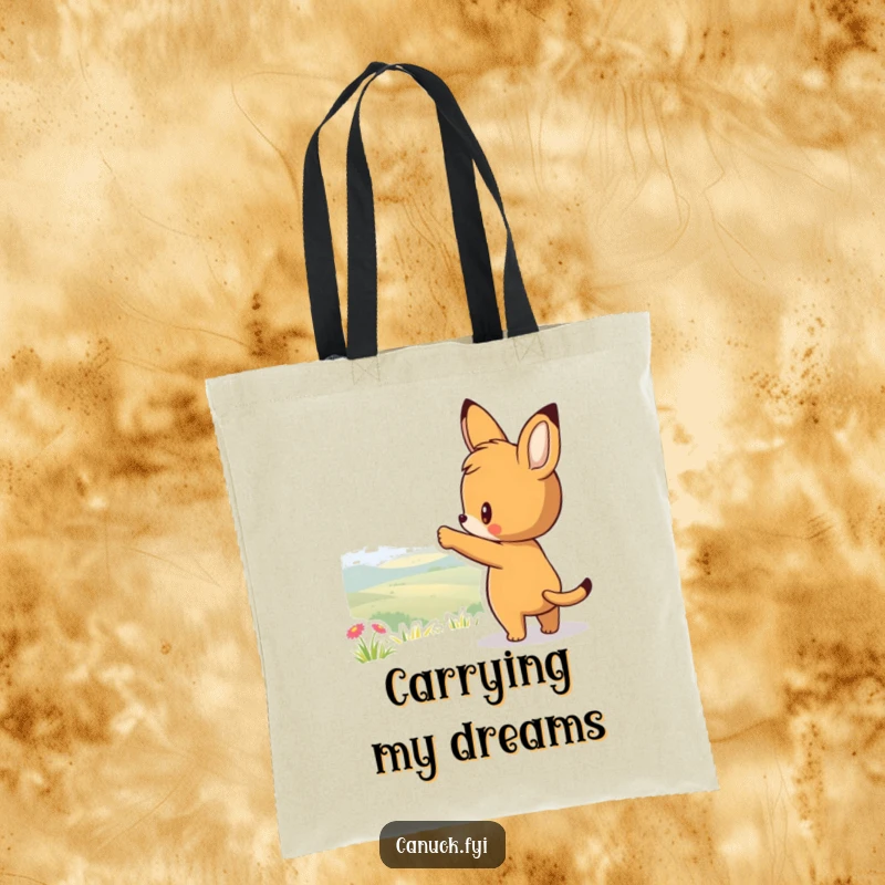 Funny tote bag featuring a curious animal character pointing towards a scenic view, ideal for carrying items with an adventurous spirit.