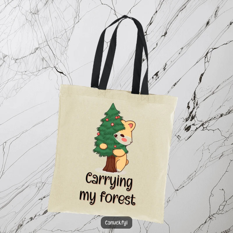 Funny tote bag with a cartoon animal hugging a stylized pine tree, great for carrying goods with a nature theme.