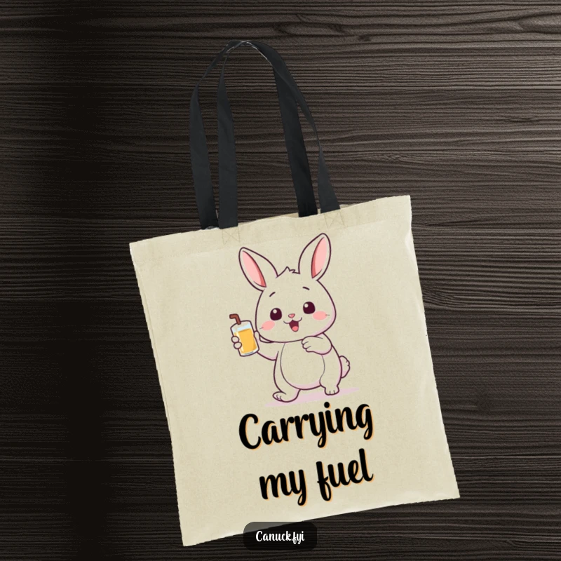 Funny tote bag with a bouncing rabbit holding a small pint of liquid, a humorous and practical accessory for carrying essentials.