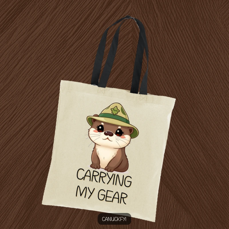 Funny curious otter tote bag, cute otter wearing a tiny park ranger hat, looking inquisitive, for carrying items.