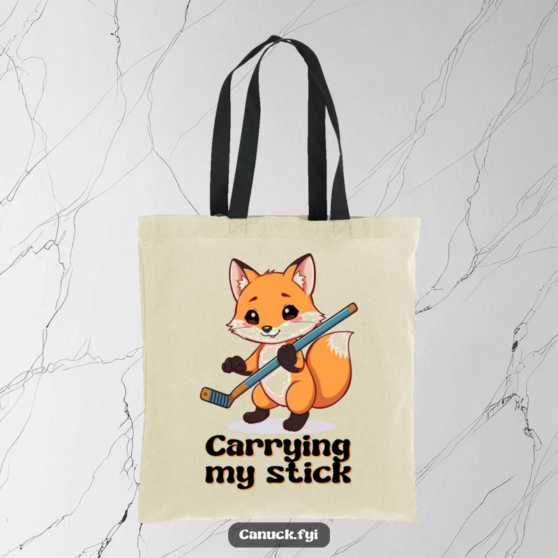 Funny playful fox tote bag, balancing a hockey stick on its paw, a humorous and practical accessory.