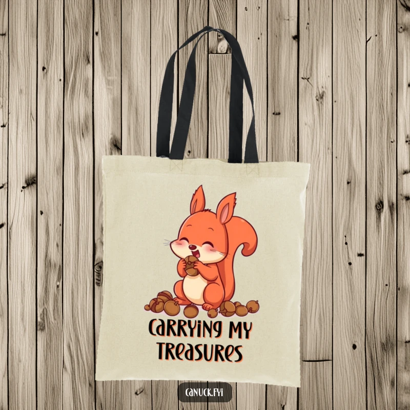 Funny Tote Bag print of a red squirrel with its cheeks comically stuffed with acorns, showcasing excited hoarding.