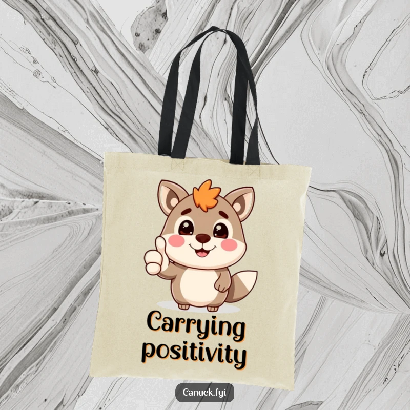 Funny Canadian animal character with a bright grin giving a thumbs-up, on a versatile tote bag for carrying positivity.