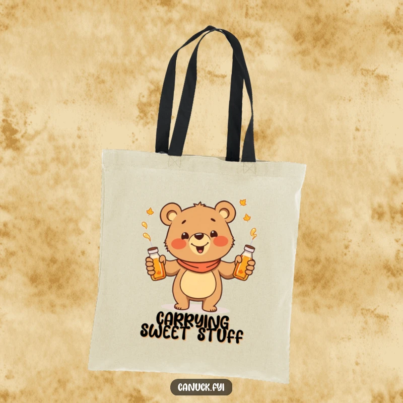 Funny juggling bear tote bag, cheerful cartoon bear juggling maple syrup bottles, for carrying breakfast essentials.
