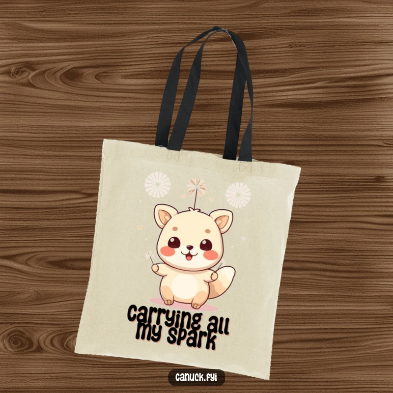 Funny tote bag with a cheerful animal character celebrating amidst small fireworks. A festive and functional accessory.