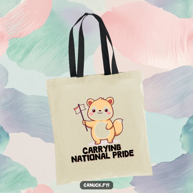 Funny animal tote bag illustrating a cheerful creature proudly standing with a small flag, easy to carry and full of spirit.