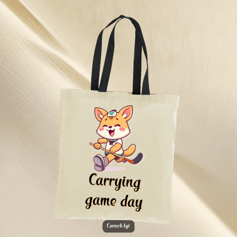 Funny Tote Bag: Playful animal character joyfully kicks a hockey puck, perfect for carrying your sports essentials.