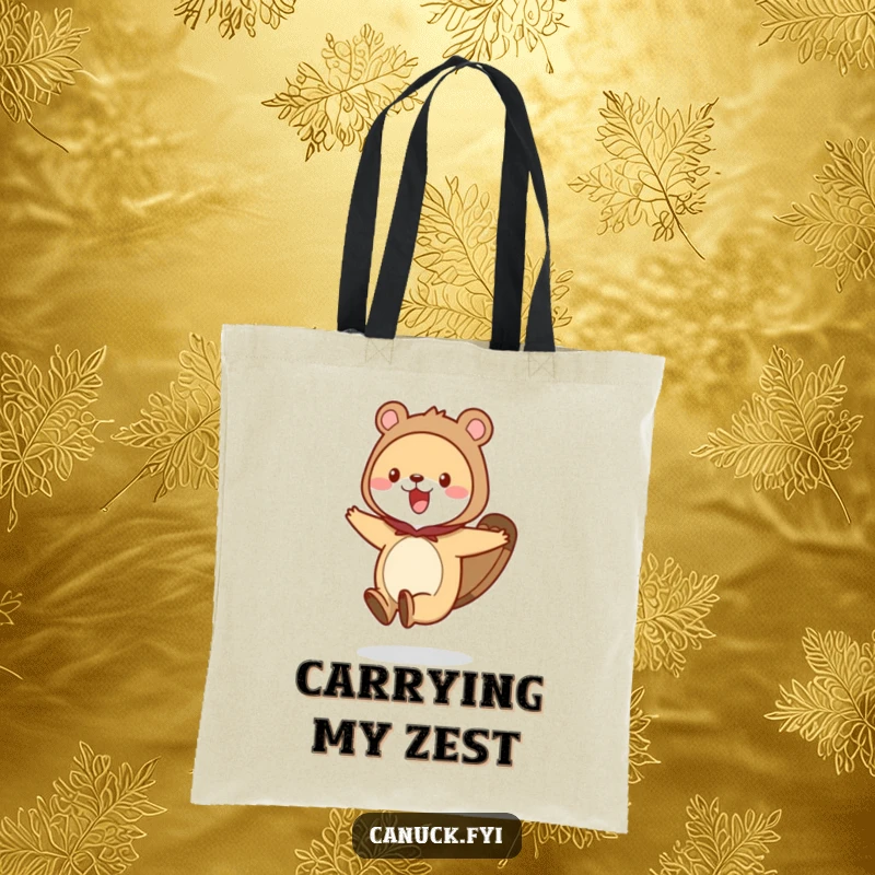Funny animal tote bag with a creature wearing a beaver tail costume, depicted in an excited hopping pose.