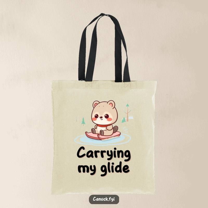 Funny Canadian animal character joyfully sliding on a frozen pond, depicted on a tote bag, radiating winter fun and playful energy.