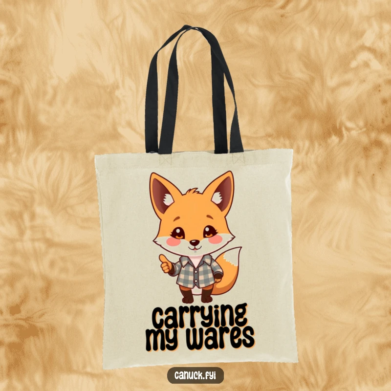Funny tote bag with a playful fox in a plaid shirt giving a friendly nod, perfect shopping funny gift.