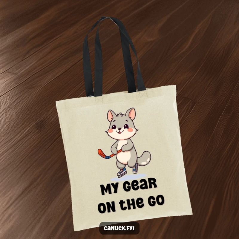 Funny tote bag showing a playful animal character dancing with a miniature hockey stick. A stylish and sporty accessory.