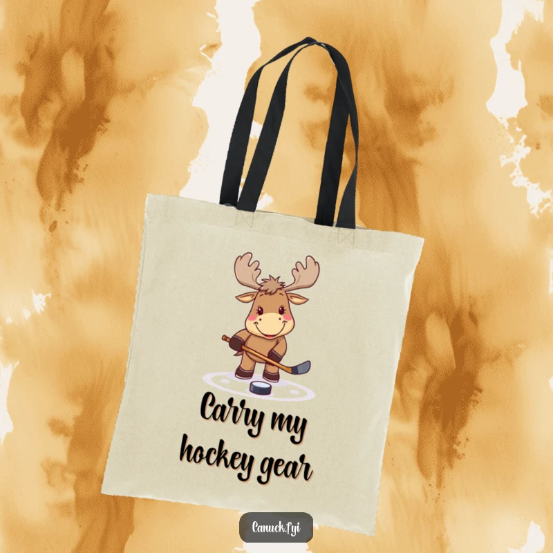 Funny smiling moose tote bag, playing hockey, tapping a puck, sturdy and stylish, ideal for carrying sports gear, a fun gift.