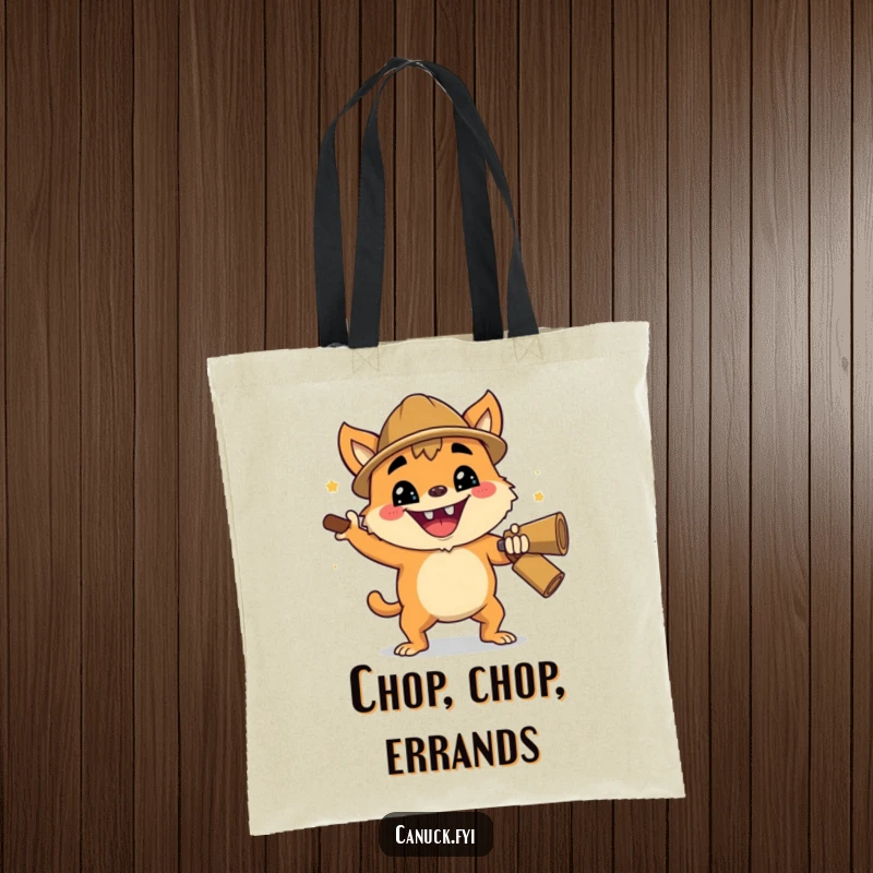 Funny tote bag featuring a creature with an enthusiastic grin performing a cheerful lumberjack chop, ready for any task.