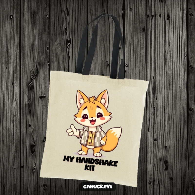 Funny tote bag featuring a delighted lynx wearing a checkered shirt, offering a warm handshake.