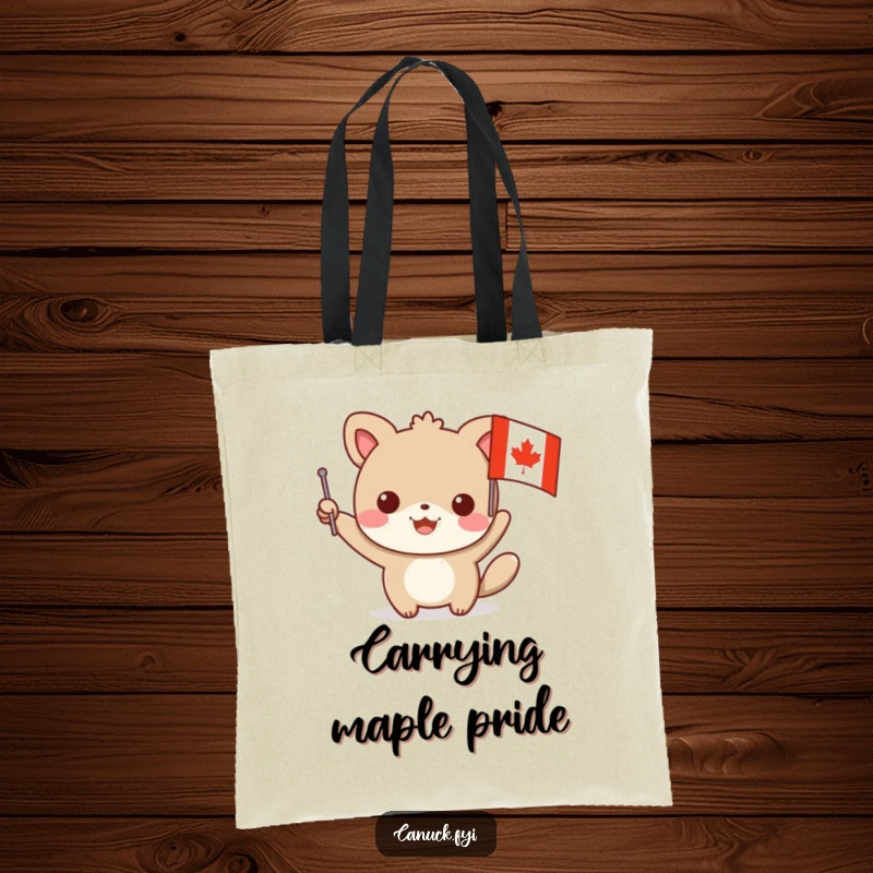 Funny animal tote bag with a character waving a small flag featuring a maple leaf design, perfect for carrying essentials with humorous, patriotic flair.