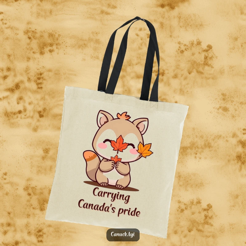 Funny tote bag featuring an animal character proudly holding a miniature maple leaf, perfect for carrying Canadian pride.