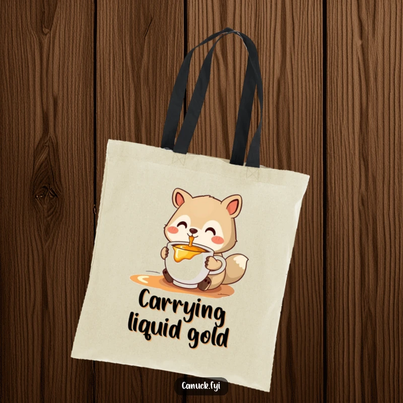 Funny stylized animal tote bag offering a cup of steaming maple syrup, perfect for carrying essentials with sweet style.