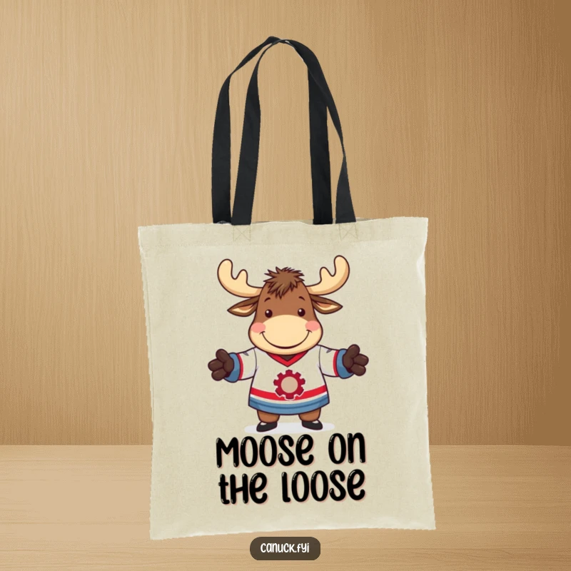 Funny tote bag showcasing a moose with a friendly grin, comically trying to wear a hockey jersey.